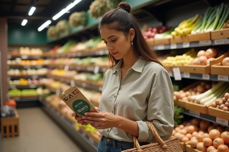 Femme lisant attentivement l'étiquette d'un produit alimentaire dans un rayon de supermarché avec des oignons en arrière-plan