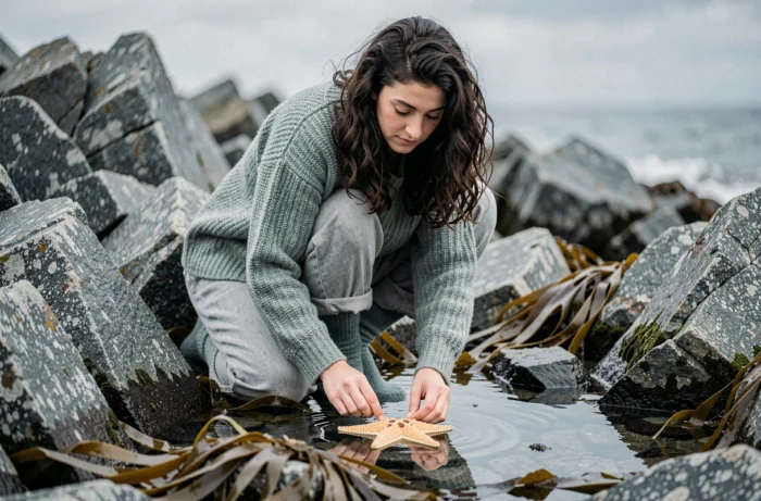 Jeune femme agenouillée au bord d'une mare rocheuse en Bretagne, observant une étoile de mer, illustration du voyage lent et de l'émerveillement face à la nature