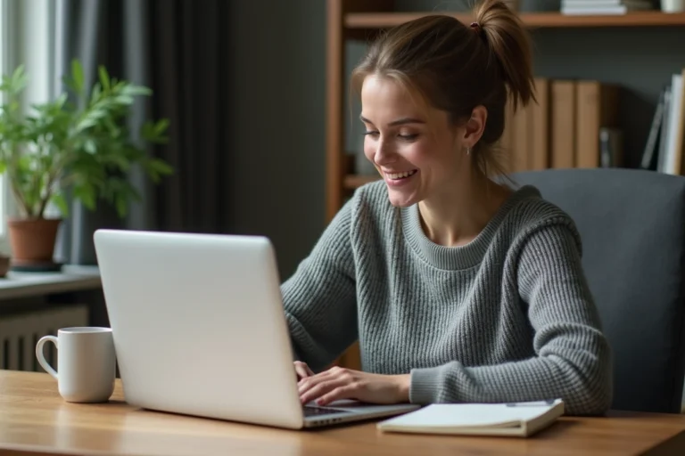 Femme accédant à sa messagerie Neuf Mail sur un ordinateur portable dans un bureau à domicile