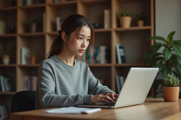 Jeune femme naviguant sur une plateforme de partage de fichiers en ligne depuis son bureau à domicile