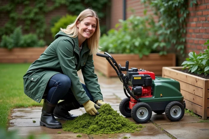 Femme étalant du paillage de broyat autour de plants de tomates dans un potager, avec un broyeur de végétaux visible en arrière-plan