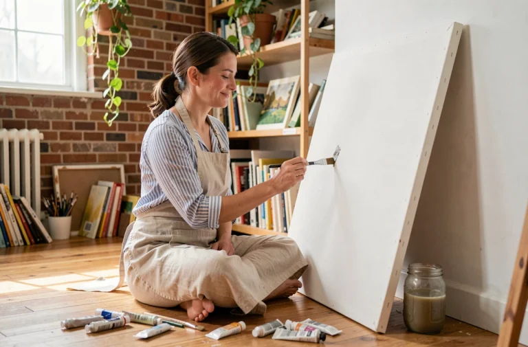 Femme adulte peignant sur une toile dans un atelier artistique chaleureux avec des pinceaux et des couleurs éparpillés autour d'elle