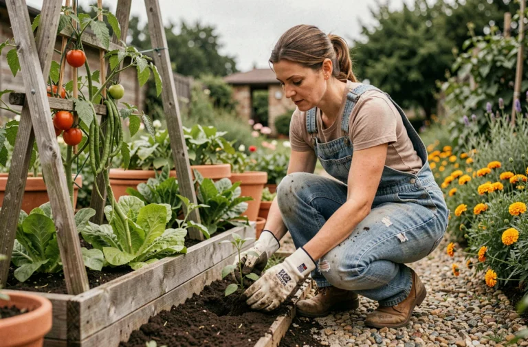 Femme jardinant dans un potager surélevé en bois avec tomates, laitues et haricots grimpants dans un jardin fleuri