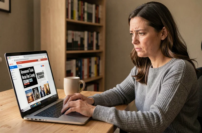 Femme cherchant la nouvelle adresse du site 1jour1film sur son ordinateur portable dans un bureau à domicile