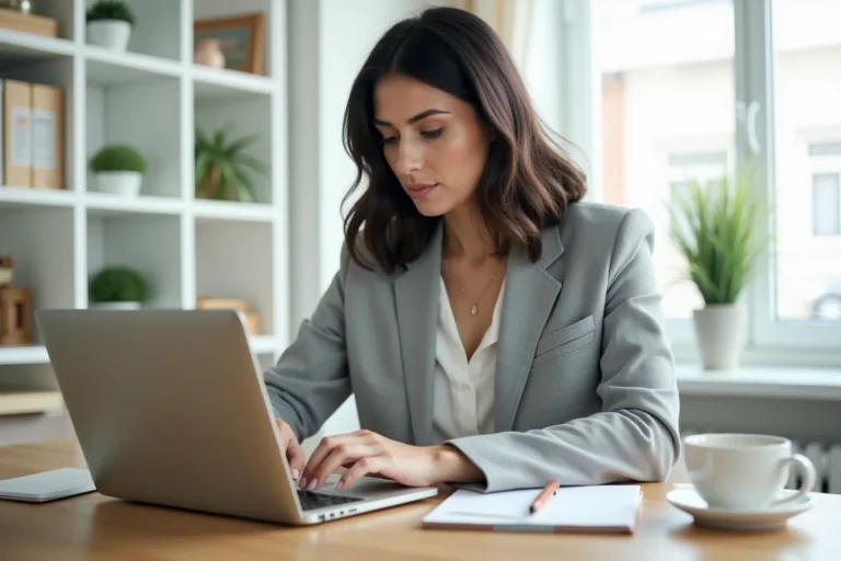 Femme professionnelle cherchant un emploi en ligne sur son ordinateur portable dans un bureau à domicile moderne