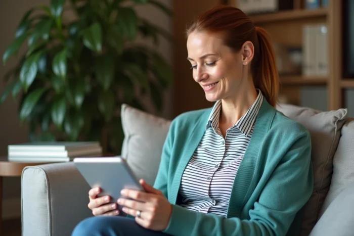 Femme d'âge moyen utilisant une tablette pour rechercher des opportunités d'emploi sur un réseau professionnel depuis son salon