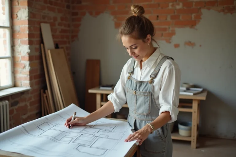Femme étudiant des plans de rénovation dans un salon en cours de travaux avec des échantillons de matériaux