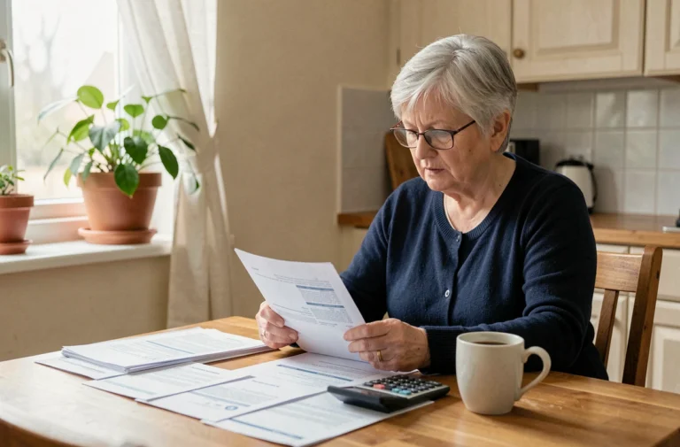 Femme senior calculant sa retraite avec des documents de pension sur une table en bois