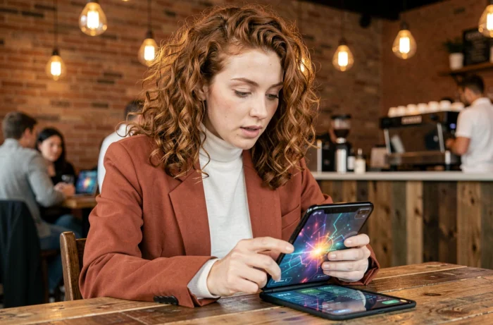 Femme utilisant un smartphone pliable innovant dans un café urbain tendance