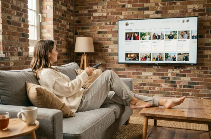 Jeune femme regardant un catalogue de vidéo à la demande sur sa télévision connectée, explorant des plateformes alternatives pour remplacer Tirexo