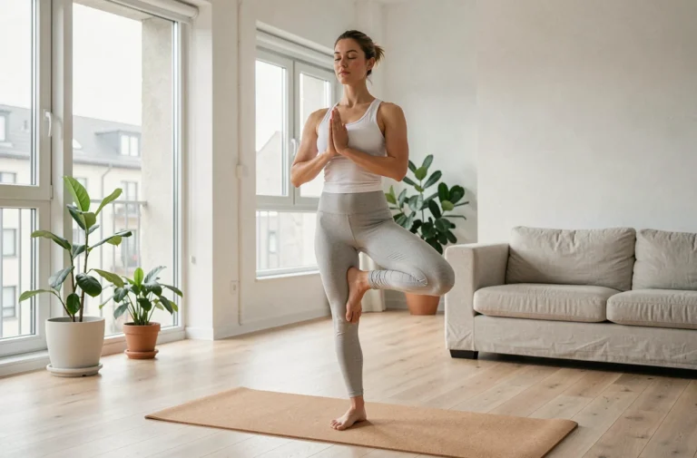 Femme pratiquant une pose de yoga sur un tapis en liège dans un salon minimaliste scandinave pour une vie saine et équilibrée