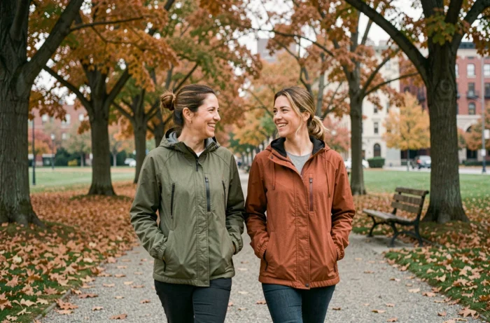Deux femmes marchant ensemble dans un parc urbain en automne pour illustrer l'importance de l'activité physique et du lien social dans une vie saine