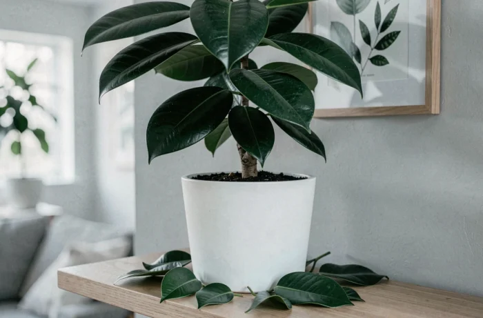 Ficus benjamina fraîchement rempoté dans un pot blanc mat avec des feuilles tombées sur une étagère en bois dans un intérieur scandinave