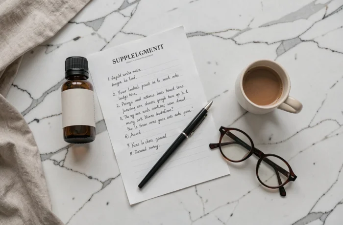 Vue à plat d'un flacon de complément Dirvox, de notes manuscrites et d'accessoires sur un plan de travail en marbre, symbolisant l'analyse et les précautions d'utilisation