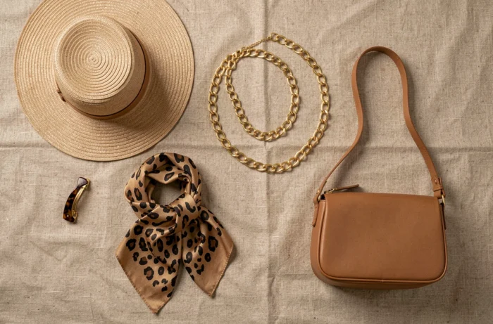 Flat lay d'accessoires tendance de la saison sur fond de lin texturé pour un style éditorial élégant