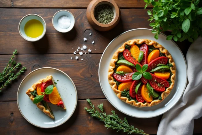 Vue de dessus d'une table en bois avec une tarte aux légumes colorée, herbes fraîches et huile d'olive dans un style éditorial gastronomique