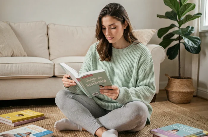 Future maman lisant un guide de maternité chez elle, assise sur un tapis dans un salon cosy avec des livres de ressources autour d'elle