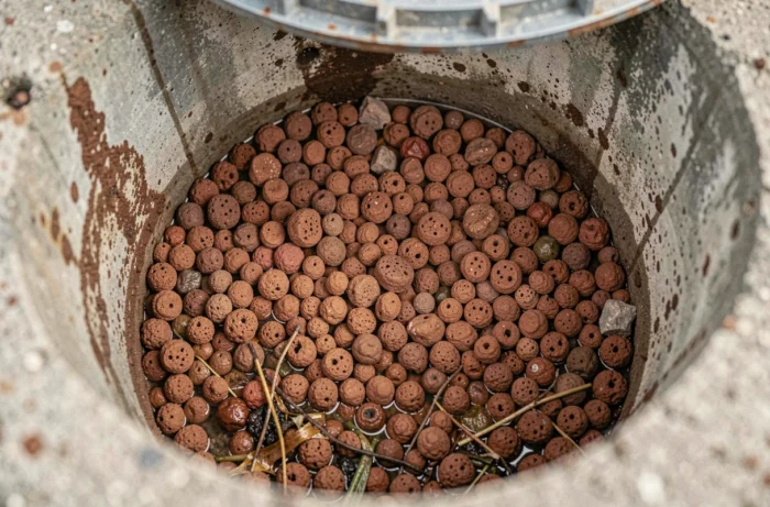 Gros plan sur des granules de pouzzolane volcanique rouge dans une chambre de filtre de fosse septique en béton