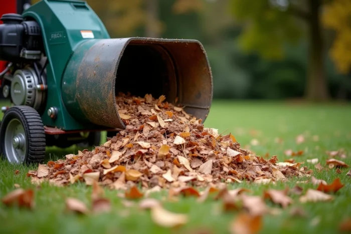 Gros plan sur un broyeur de végétaux thermique produisant du broyat de bois pour paillage, avec copeaux de bois frais au sol