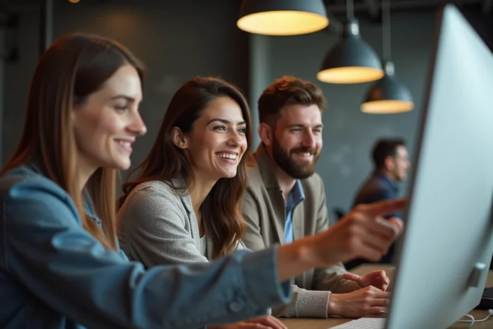 Groupe de collègues discutant de ressources disponibles sur une plateforme en ligne dans un espace de coworking