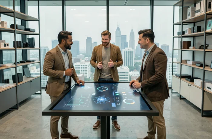 Groupe de passionnés de technologie explorant un écran tactile interactif dans un showroom d'innovations