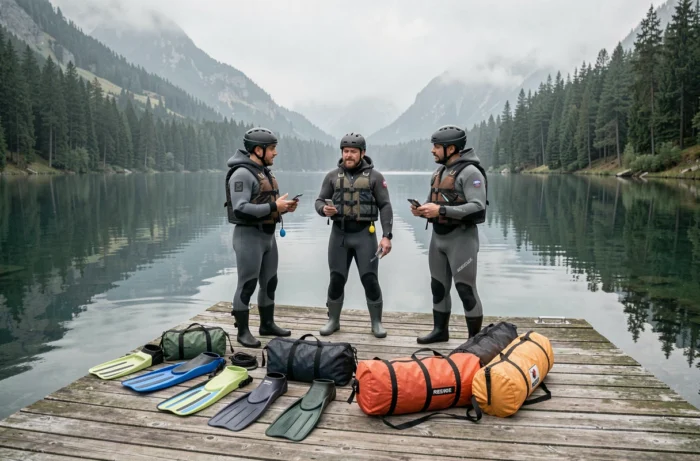 Groupe d'adultes équipés de combinaisons et gilets de sauvetage examinant leur matériel de sports nautiques sur un ponton de lac de montagne