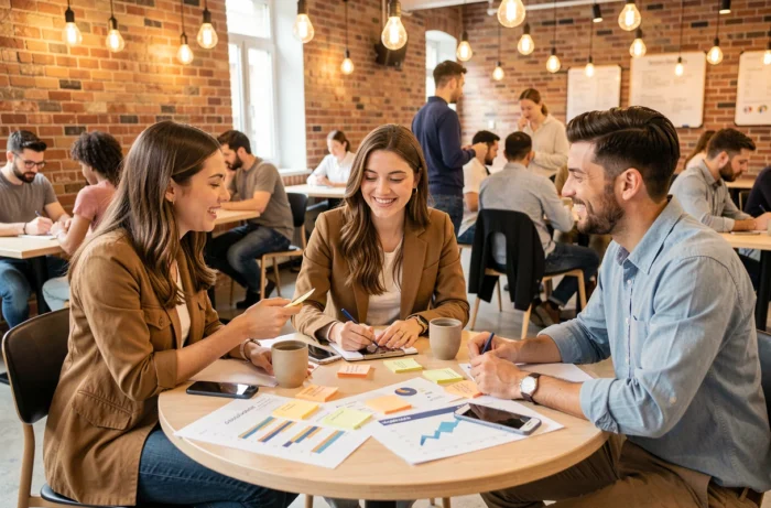 Groupe de jeunes entrepreneurs en réunion créative dans un espace incubateur avec post-its et graphiques