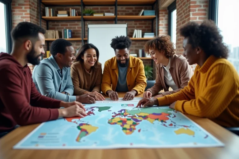 Groupe multiculturel d'adultes étudiant une carte du monde liée à la laïcité dans les pays