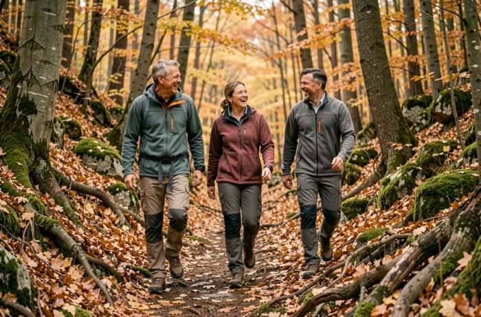 Groupe d'adultes faisant de la randonnée en forêt automnale sur un sentier recouvert de feuilles dorées et de racines