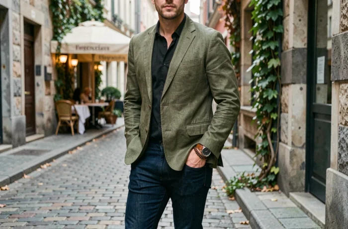 Homme stylé portant des accessoires tendance dans une rue pavée d'une ville européenne en automne
