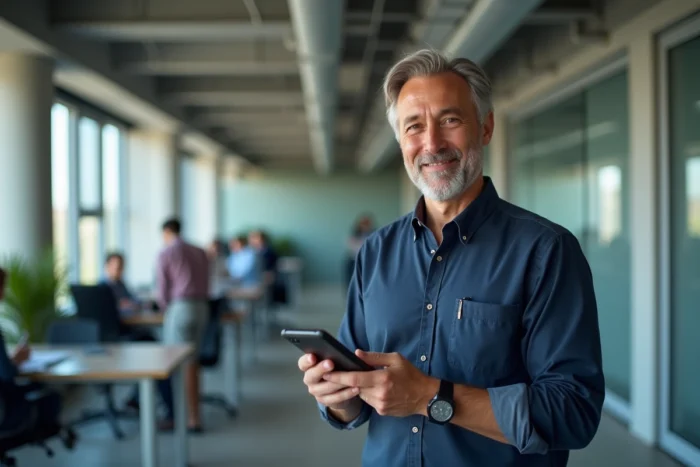 Homme d'affaires consultant les retours clients sur une application en 2026 dans un bureau moderne