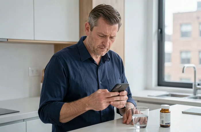 Homme consultant des avis en ligne sur son smartphone à côté d'un flacon de complément alimentaire, représentant la recherche d'informations sur Dirvox