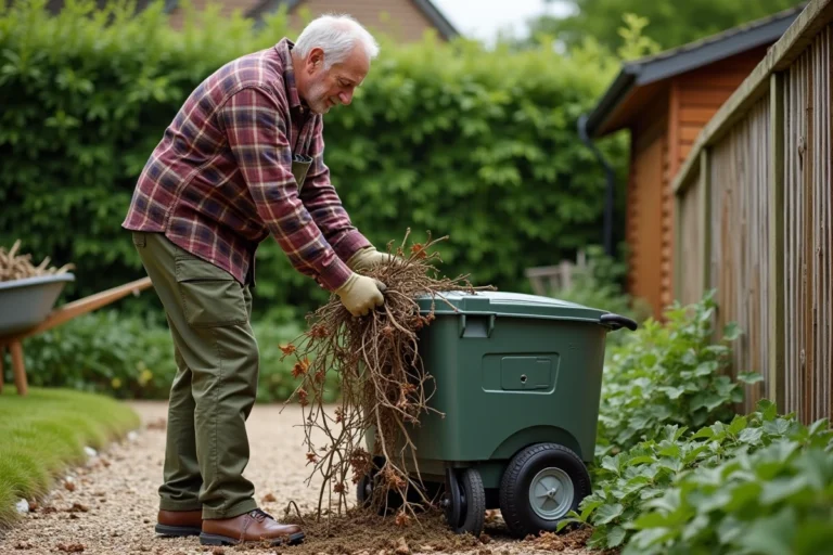 Homme utilisant un broyeur de végétaux électrique dans un jardin pour broyer des branches et feuilles en vue d'un paillage