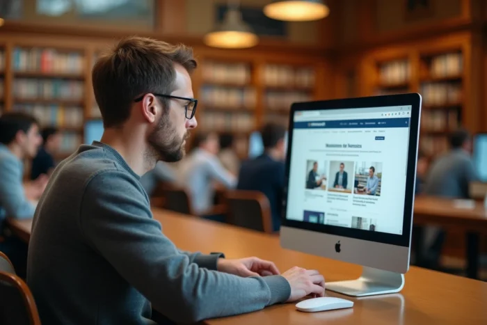 Homme consultant un site officiel d'état civil en ligne dans une bibliothèque publique