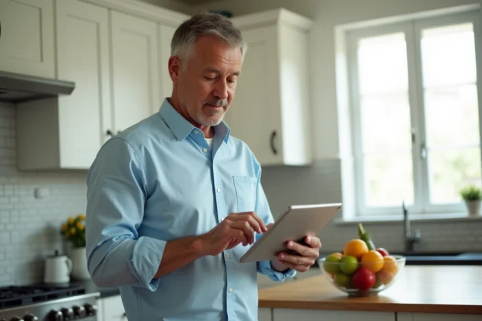 Homme consultant sa messagerie en ligne sur une tablette dans une cuisine moderne
