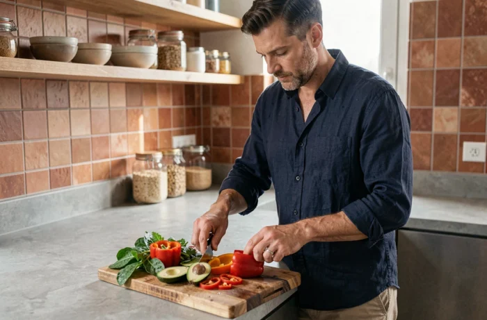 Homme préparant un repas sain avec des légumes frais dans une cuisine moderne pour adopter une alimentation équilibrée au quotidien