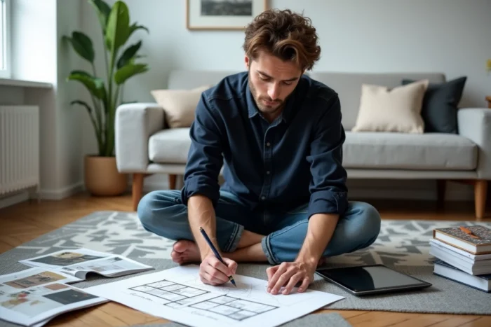Homme esquissant un plan de décoration intérieure assis sur le sol entouré de magazines et outils de design