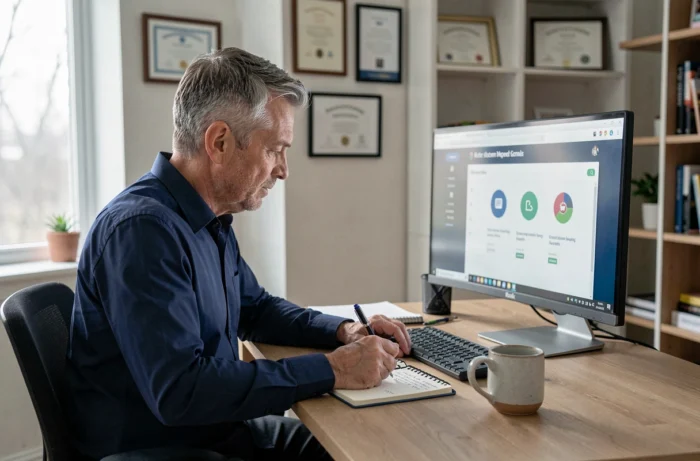 Homme concentré sur une formation en ligne dans un bureau à domicile bien organisé