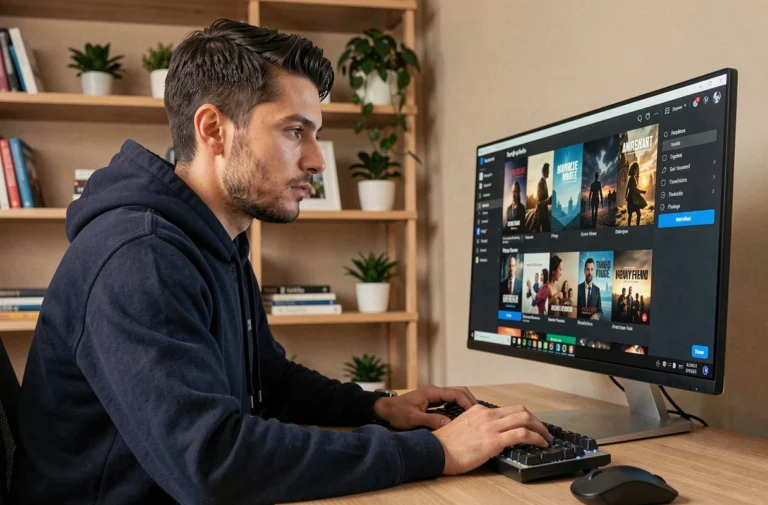 Homme naviguant sur une interface de streaming en ligne depuis son bureau à domicile, cherchant des alternatives à Tirexo pour accéder à des films et séries
