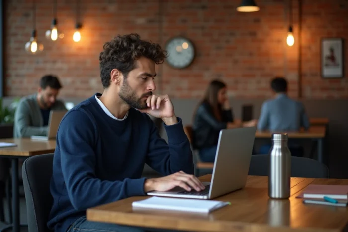 Jeune homme consultant des offres d'emploi en ligne dans un espace de coworking moderne
