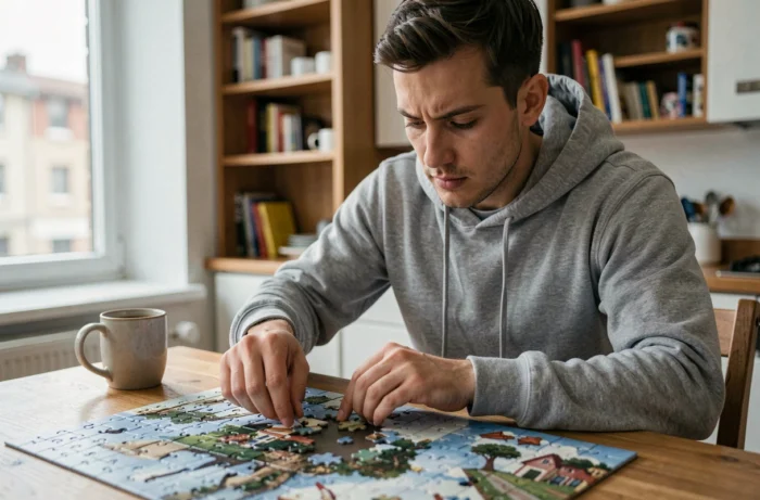 Jeune homme concentré assemblant un puzzle complexe à une table en bois dans un appartement cosy avec une tasse de café