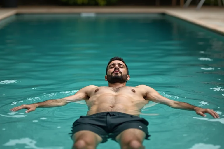 Homme flottant sur le dos dans une piscine, corps partiellement immergé illustrant la difficulté à flotter dans l'eau