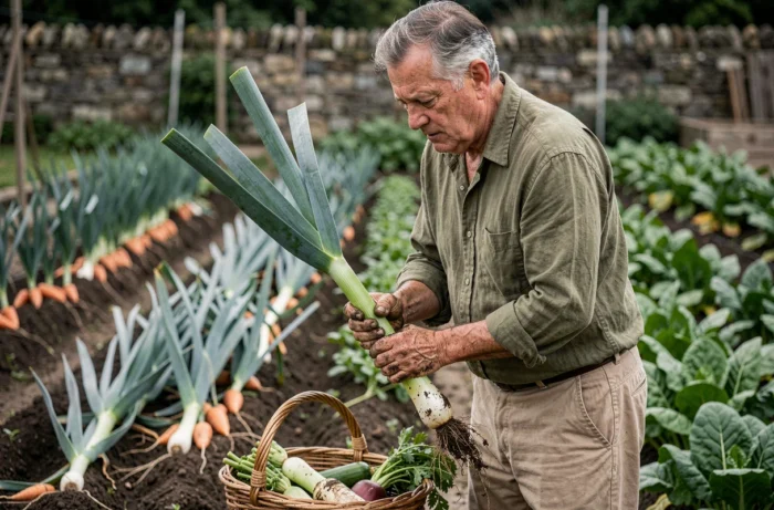 Homme expérimenté récoltant des poireaux dans un jardin potager bien organisé avec des rangées de légumes variés