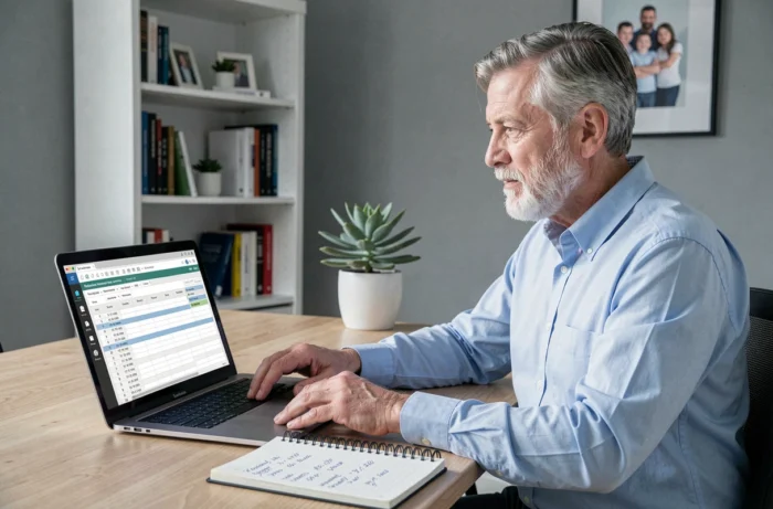 Homme retraité planifiant sa pension sur un ordinateur portable dans un bureau à domicile