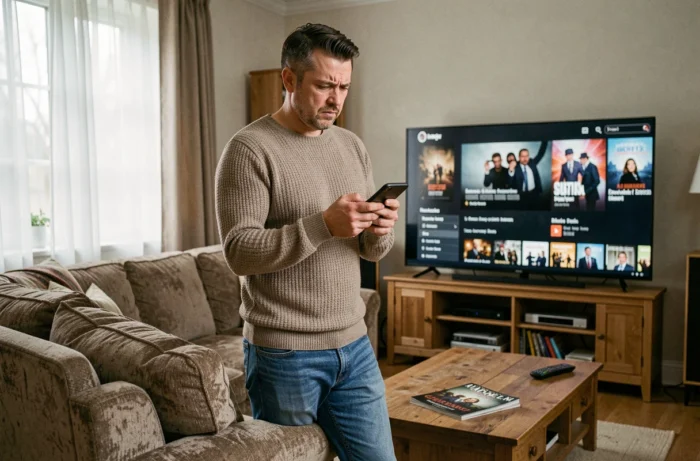 Homme consultant son smartphone pour trouver le lien actualisé de 1jour1film dans son salon
