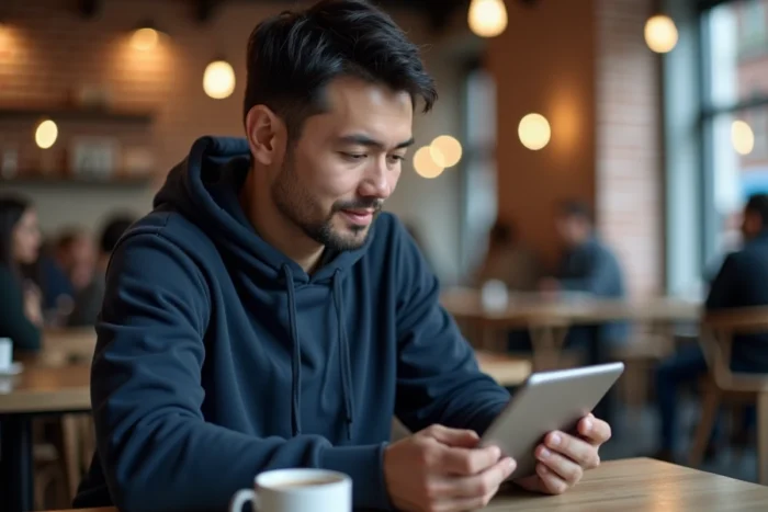 Homme consultant une plateforme de contenu en ligne sur tablette dans un café moderne
