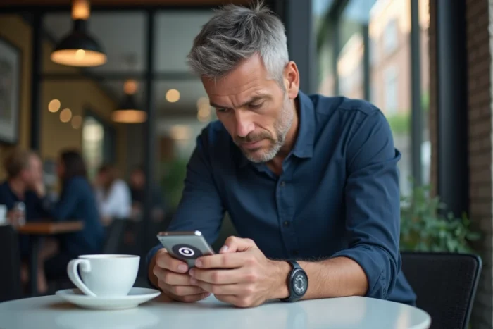 Homme examinant un message de sécurité avec URL masquée sur smartphone dans un café