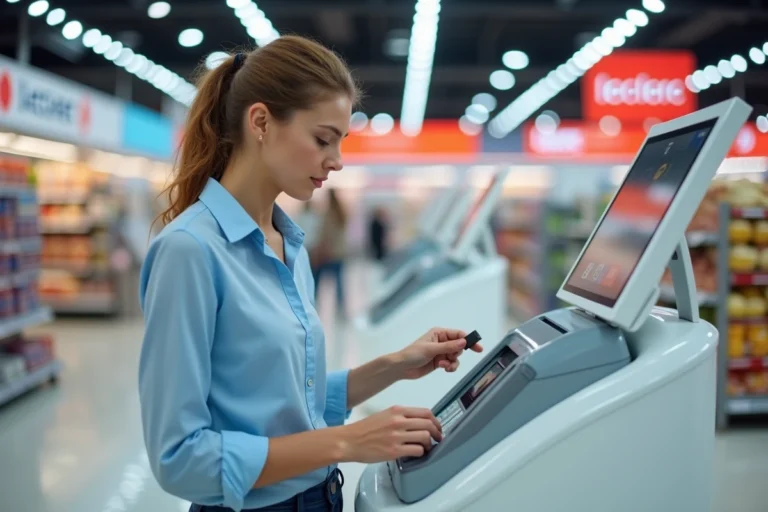 Femme utilisant une borne d'impression en libre-service dans un supermarché Leclerc