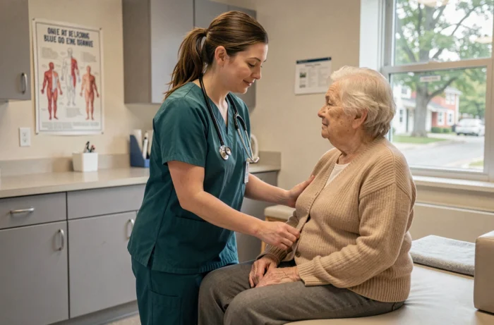 Infirmière réalisant un bilan de santé personnalisé pour une patiente âgée dans une clinique privée au Québec
