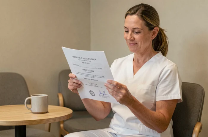 Infirmière lisant son certificat officiel avec son numéro Adeli dans une salle de pause médicale